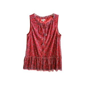 Red Max Studio Ruffle Boho Tunic Floral Mesh Tank Top Shirt  Front SMALL EUC